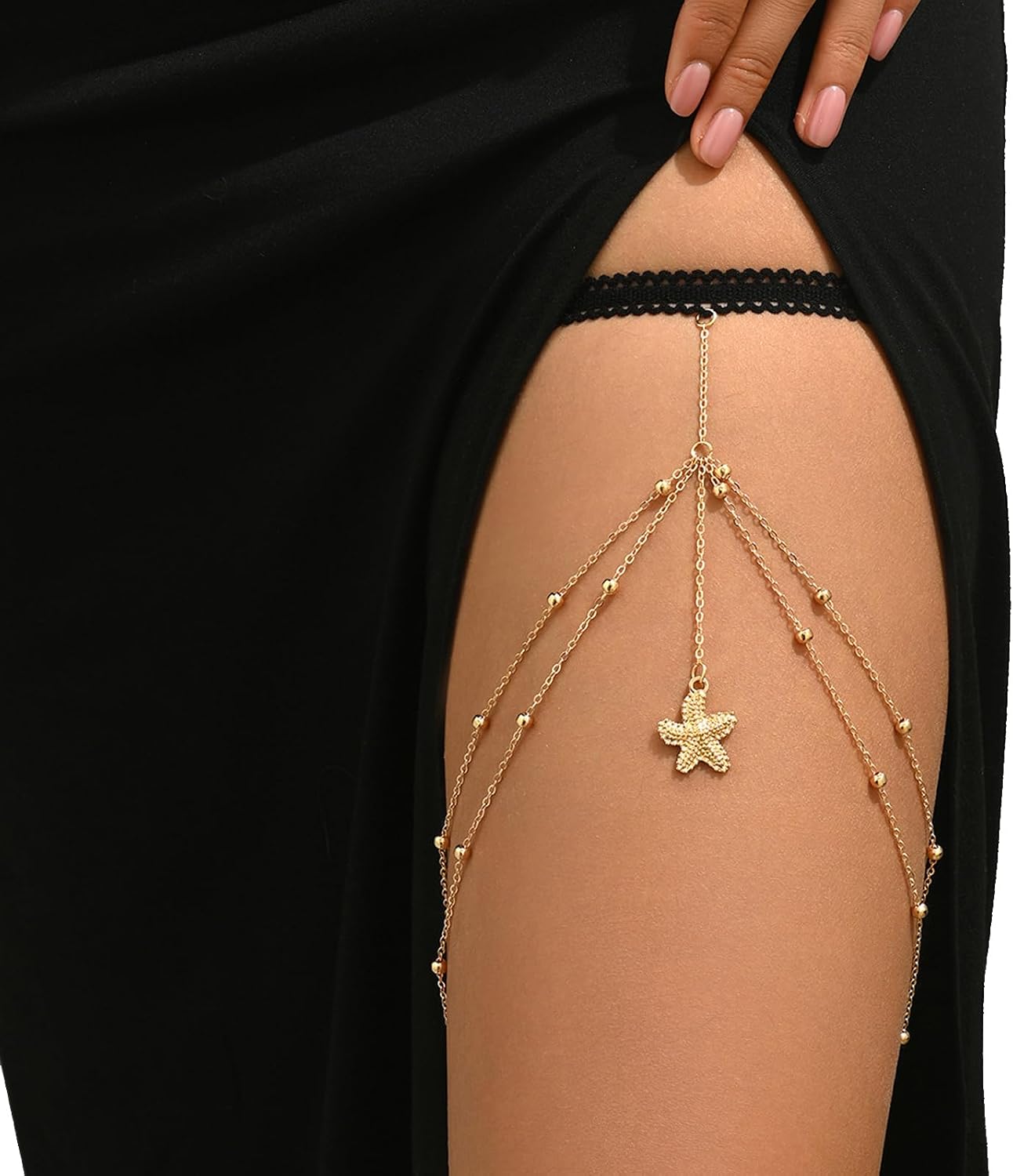 Gold Starfish Leg Chain for Women - Multi-layered Thigh Chain with Black Lace Garter,Adjustable Thin Beaded Body Jewelry for Summer Beach Party Evening