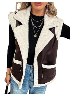 MakeMeChic Womens PU Leather Fuzzy Vest Open Front Sleeveless Pocket Warm Jacket