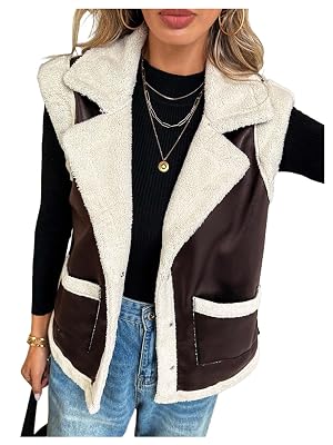 MakeMeChic Womens PU Leather Fuzzy Vest Open Front Sleeveless Pocket Warm Jacket