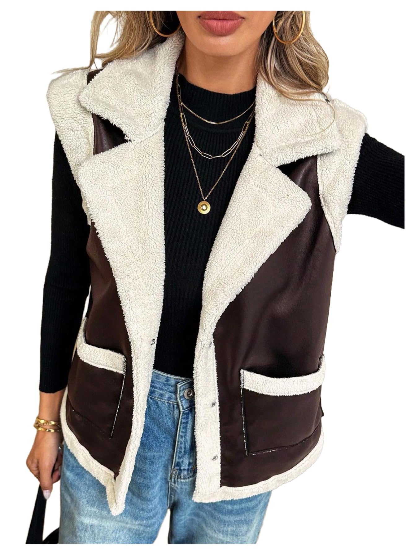 MakeMeChic Womens PU Leather Fuzzy Vest Open Front Sleeveless Pocket Warm Jacket