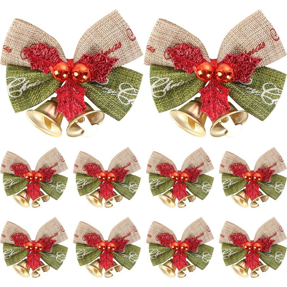Brxmpn 10pcs Christmas Tree Bow with Bells Small Christmas Ornaments Wreath Making Supplies for Home Party Favor Wrapping Accessories — image 1