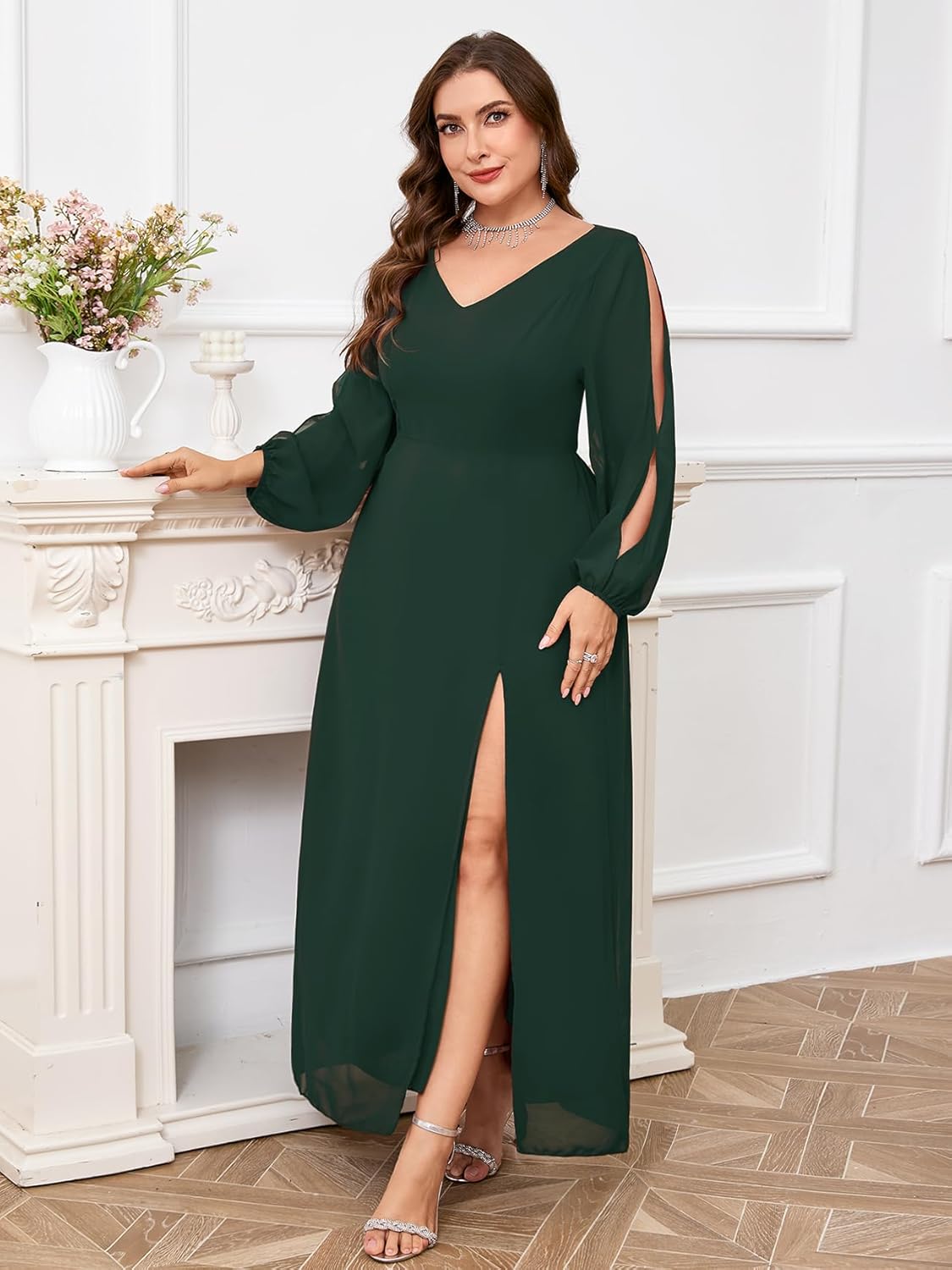 ZOMVA Plus Size Chiffon Maxi Dress V-Neck A-line Long Sleeve Front High Slit Formal Dress Mother of Bride Wedding Guest - Image 3