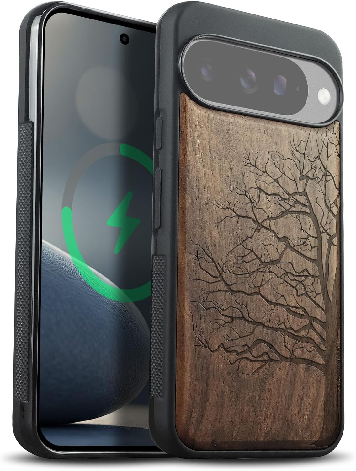 Carveit Magnetic Wooden Case for Google Pixel 10 Case, Wood Artisan Engraved & Soft TPU Shockproof Cover, Compatible with MagSafe Wireless Chargers (The Bare Tree) Walnut