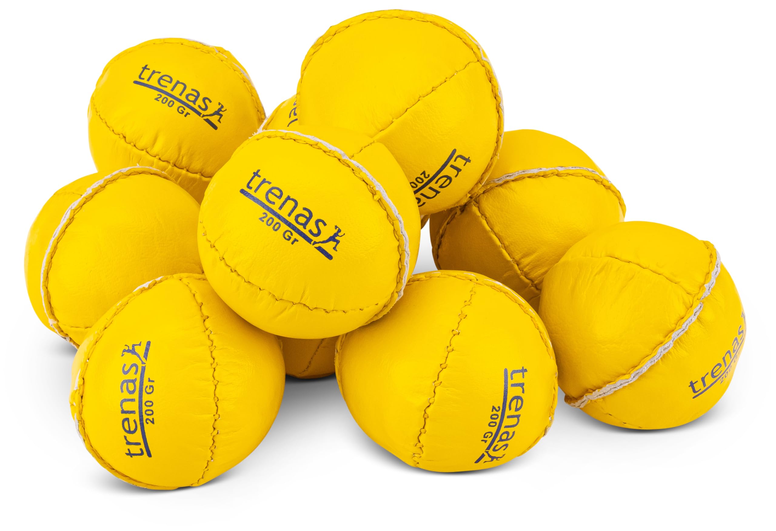 TRENAS - 10er-Set Schlagball aus echtem Leder 200g, DLV wettkampftauglich, Formstabiler Wurfball für Leichtathletik, Schule & Sportabzeichen, Griffig & Wasserabweisend, Gelb