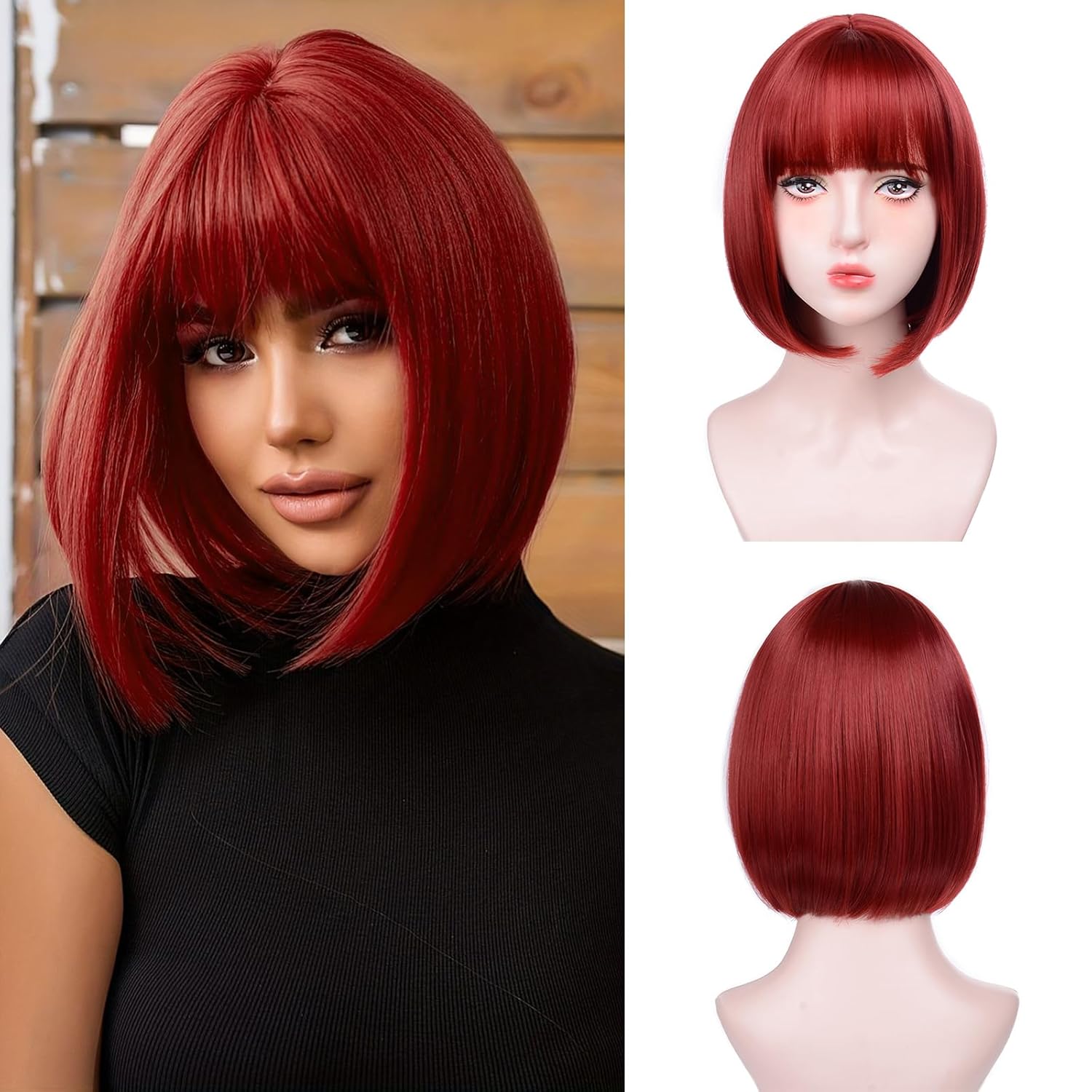 Red Bob Wigs for White Women - 12' Short Bob Wigs With Bangs Natural Fashion Synthetic Wig Colorful Synthetic Hair for Daily Cosplay Halloween