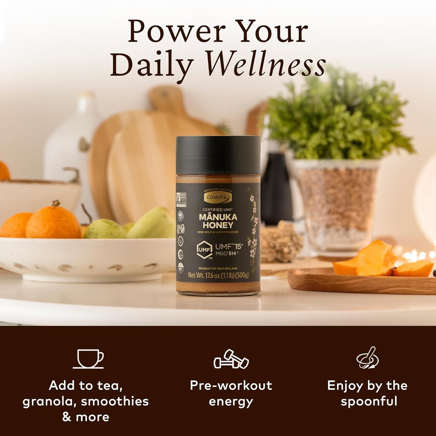 Comvita Manuka Honey UMF 15+ (MGO 514+) - Raw Manuka Honey New Zealand, Pure & Unpasteurized, Superfood for Immune Health, Use in Tea, Wild, Monofloral, Non-GMO - 500g (17.6 oz)