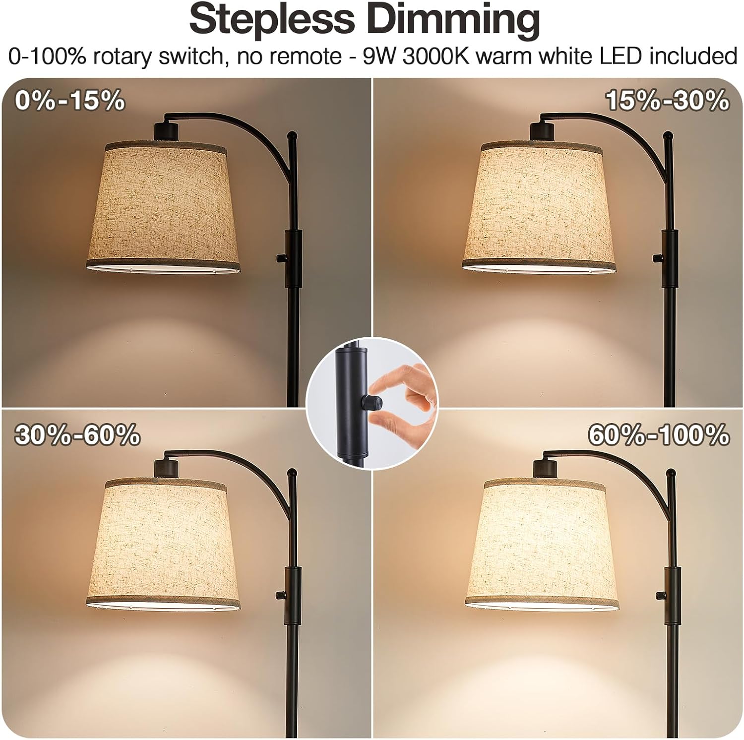 Condition photo showing New/Like New for aidenoey fully dimmable floor lamp for living room,standing lamp rotary switch with table&linen beige shade,black tall lamps for bedroom with adjust head,9w led bulb included