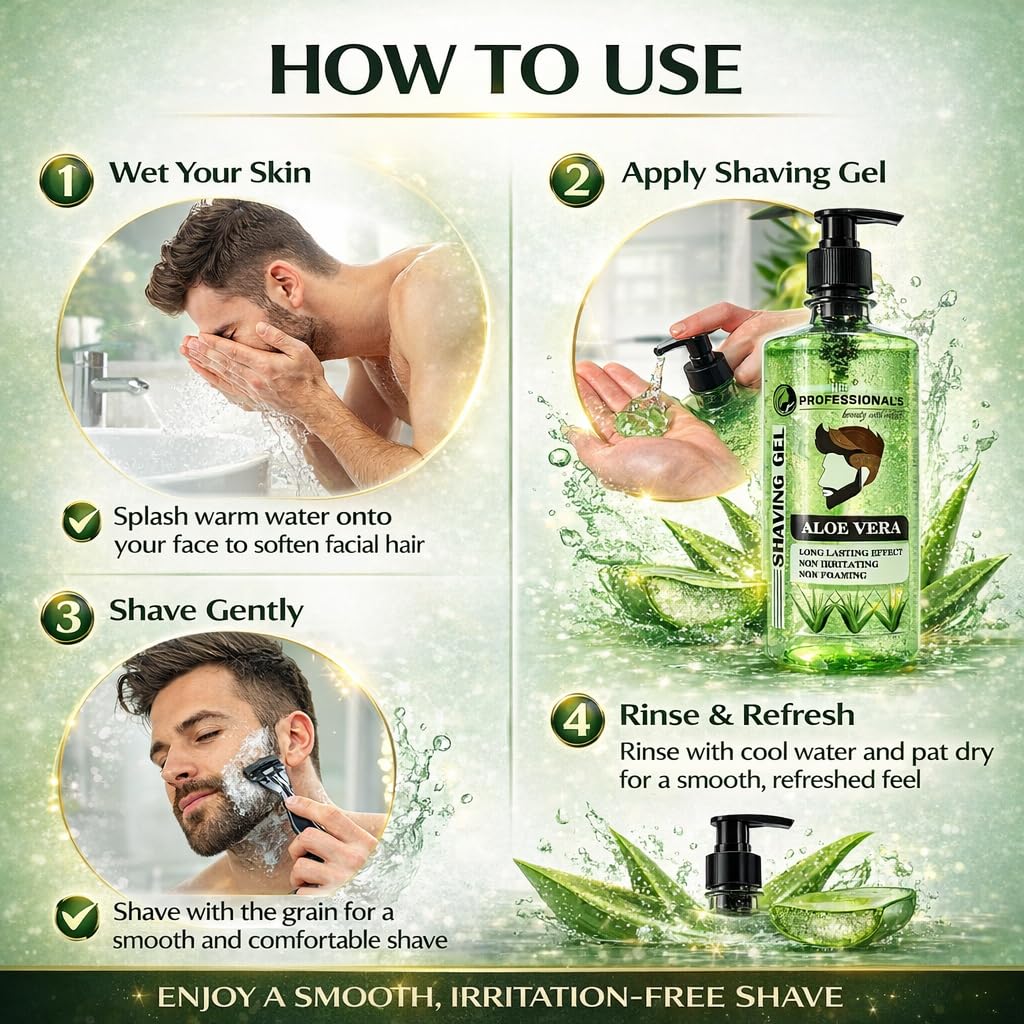 HERBOKING Glamsure Professional Non-Foaming Shaving Gel, Soothing Aloe Vera & Vitamin E, Sulfate & Paraben Free, for Normal-Sensitive Skin, Green, 500 ml 1
