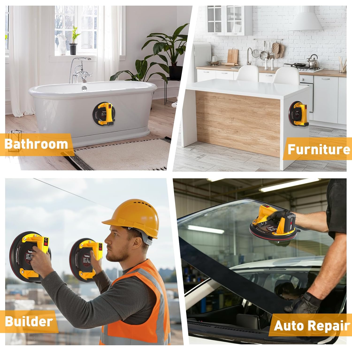 Electric Tile Suction Cups Lifter Tool Suction Cup for Glass 8" Heavy Duty 680 Lbs Battery Powered with 4X 2400mAh Batteries, Auto Start Pump, for Lifting Large Glass, Tile, Granite, Metal, Floor