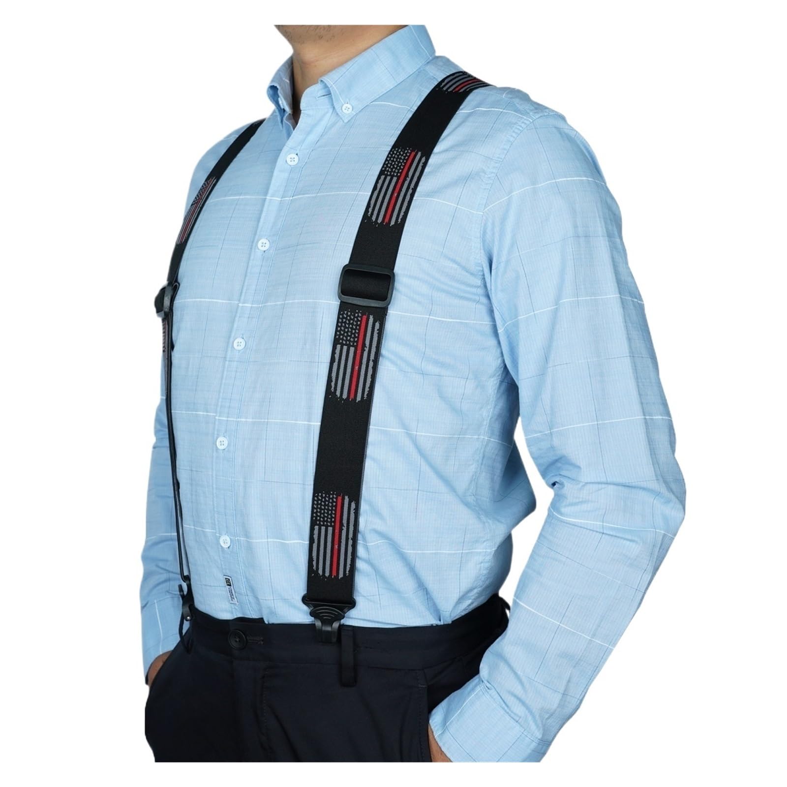Tirantes elásticos con clip de plástico en forma X y parche cuero, aptos for aeropuertos para trajes y ropa formal