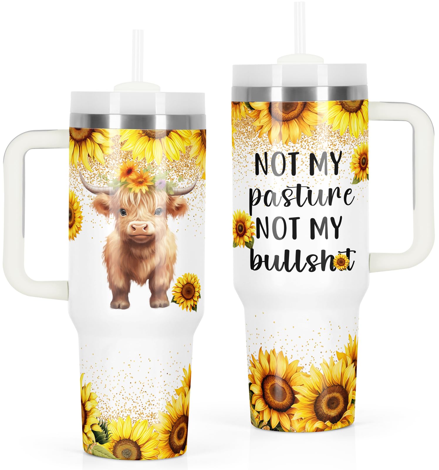 TemoluluCow Lover Gift Cow Tumbler, Funny Gift for Highland Cow Heifer Lover, Not My Pasture Not My Problem 40 Oz Tumbler with Handle