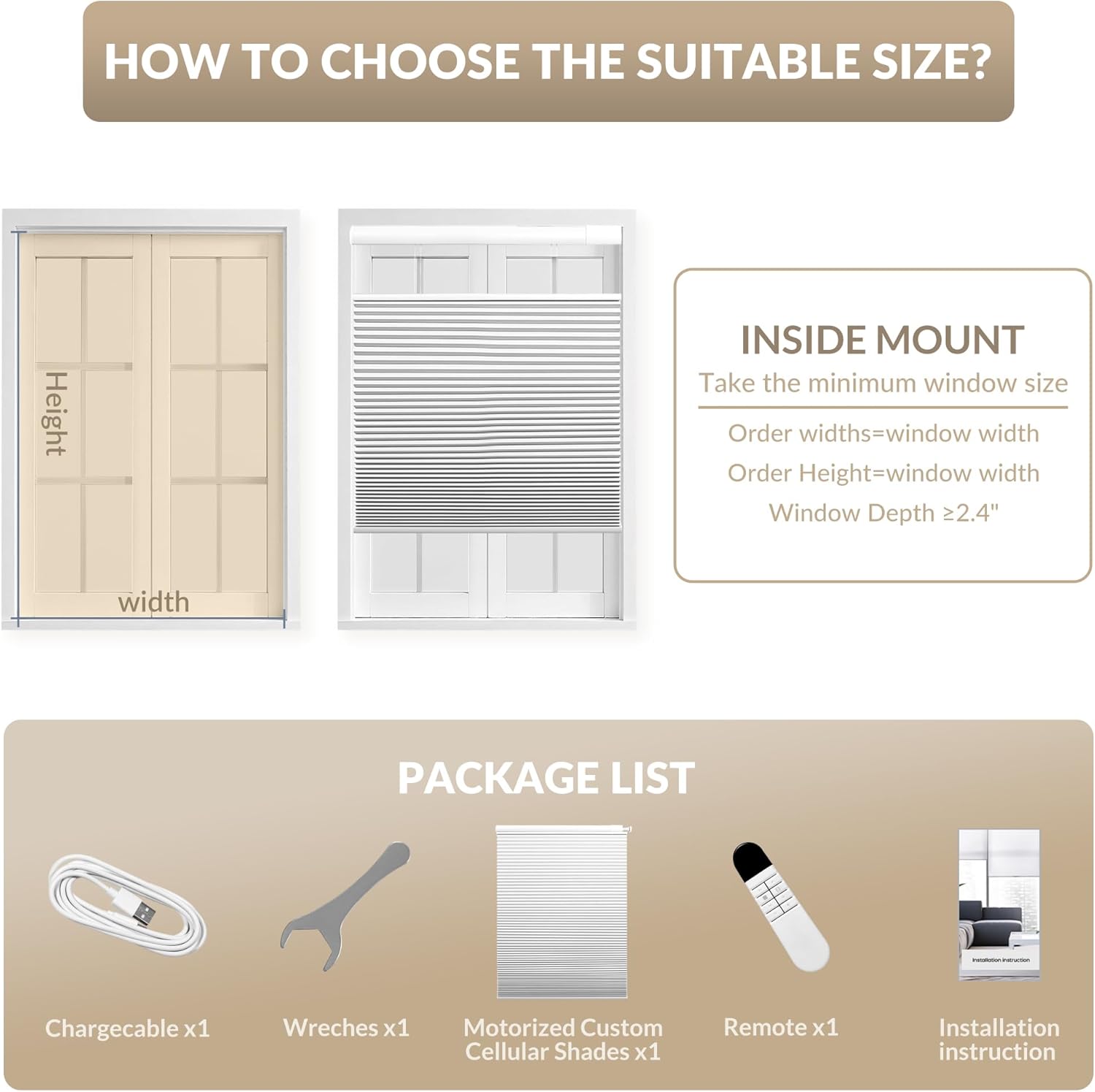 Boolegon No Drill Motorized TDBU Cellular Blinds with Remote,Blackout Beige,Custom Size,Easy to Install Automatic Cellular Shades for Indoor Windows Home,Cordless & Child Safe