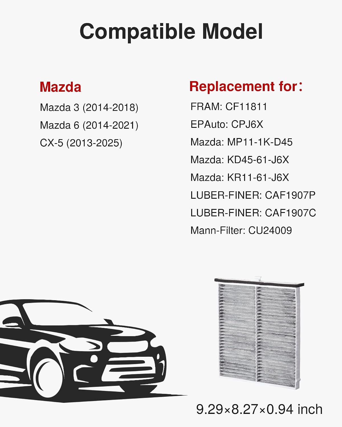  Cabin Air Filter Activated Carbon for CF11811 CPJ6X Mazda 3&6 CX-5 thumbnail