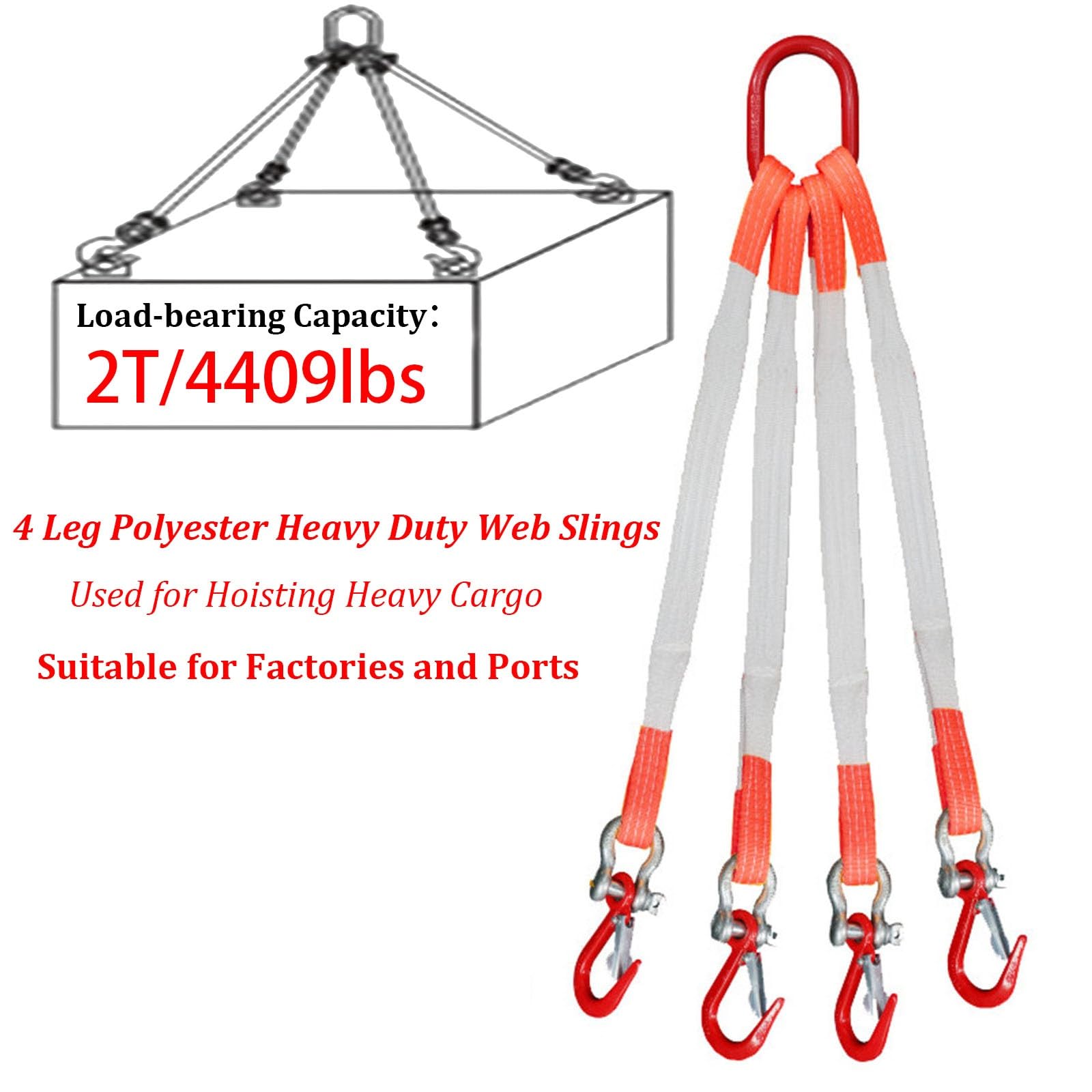 4-Strang-Hebeschlinge mit Haken, 2-Tonnen-Polyester-Hebeschlinge, Anschlagmittel für Heberinge, robuste, Flexible Hebeschlinge für Motoren, kleine Fabriken.(4.92ft/1.5m)