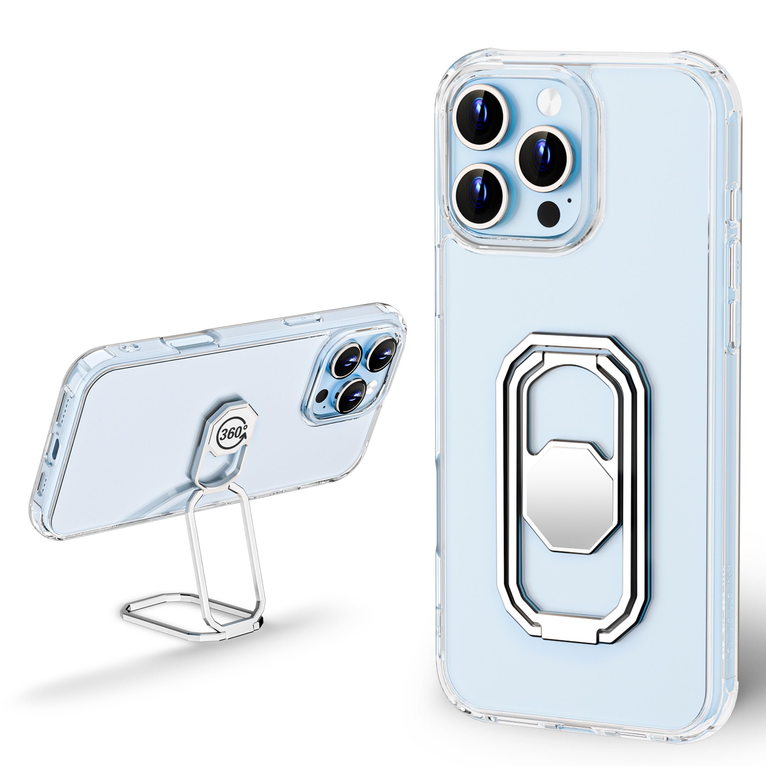 WINTONG for iPhone 16 Pro Max Case with Metal Stand, Phone Case Clear with Double Ring Holder Finger Kickstand [Foldable & Adjustable] Shockproof