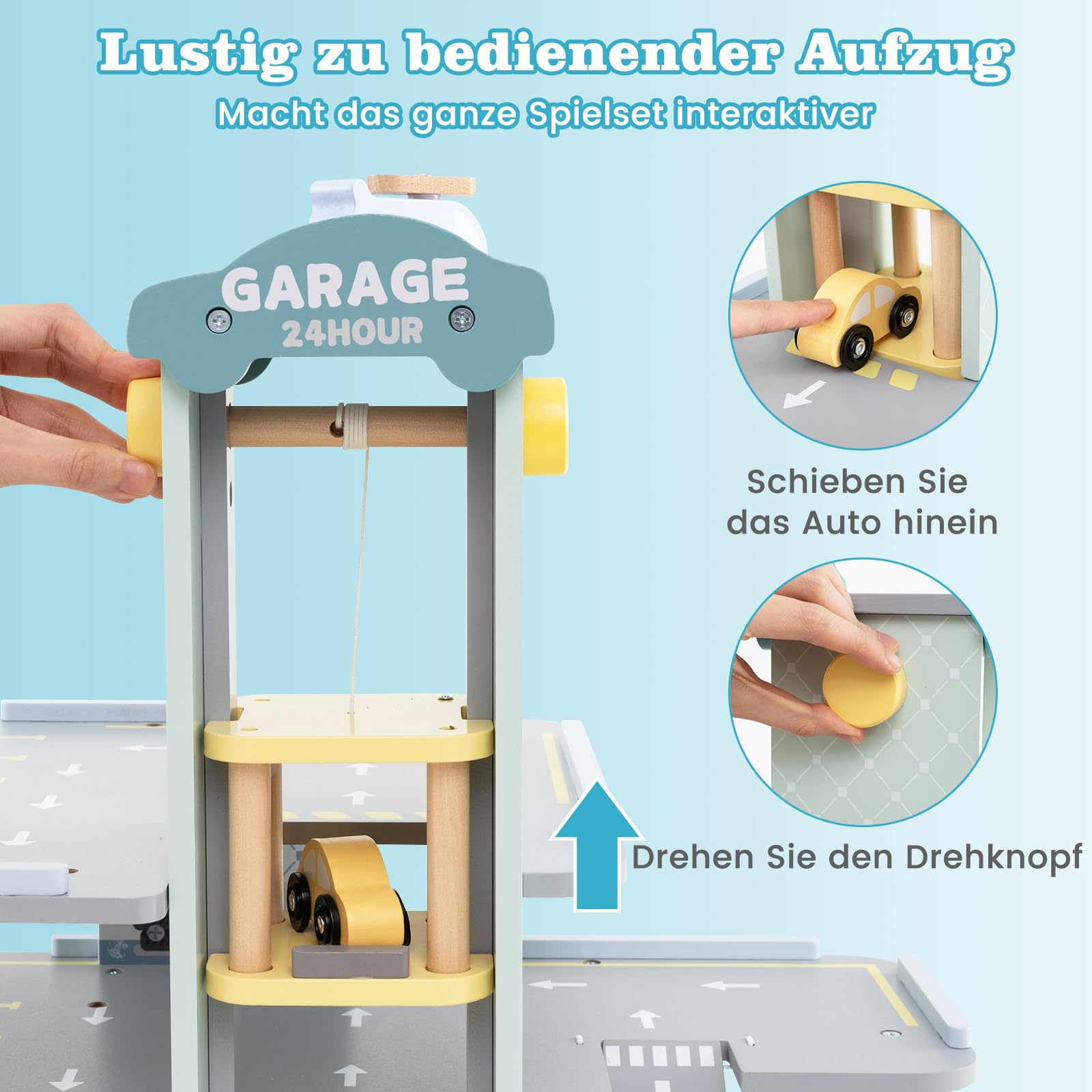 COSTWAY Parkhaus Holz, Parkgarage mit 3 Etagen & 4 Autos & Aufzug, Autogarage Spielzeug für Kinder ab 3 Jahren