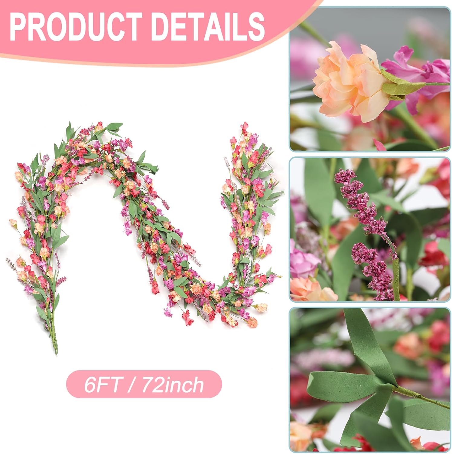 Artgar Flower Garland 6Ft Spring/Summer Garland Floral Garlands for Mantle All Year Round Paper Garlands Decor for Indoor Outdoor Home Wedding Arch Porch Stair Year Round Decor (Red&Orange&Purple) - Image 2