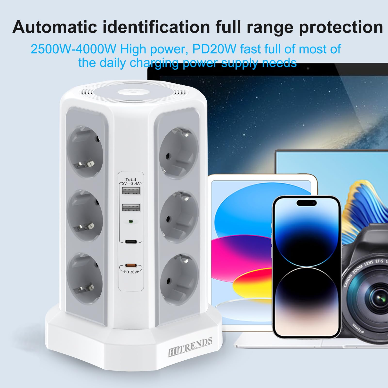 HITRENDS 12-Fach Steckdosenturm mit USB, Steckdosenturm mit 2M kable, (12Schuko+4 USB), Steckdosenleiste mit Überspannungsschutz für Küche, Büro (250V/16A,Weiß)