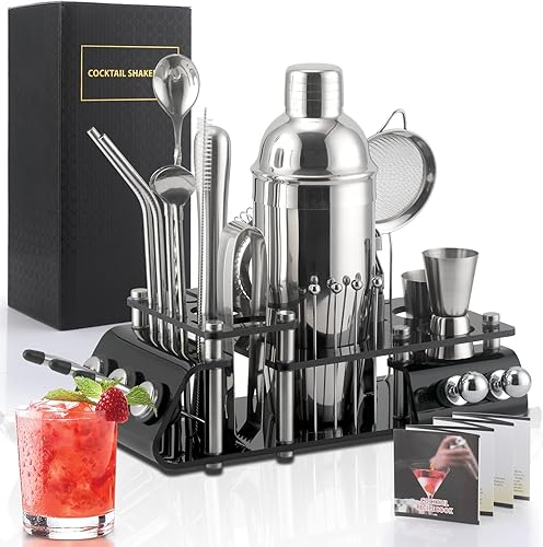 CKductpro Juego de coctelera de 25 piezas con soporte acrílico, herramientas de barra de acero inoxidable para mezclar bebidas, hogar, bar, fiesta