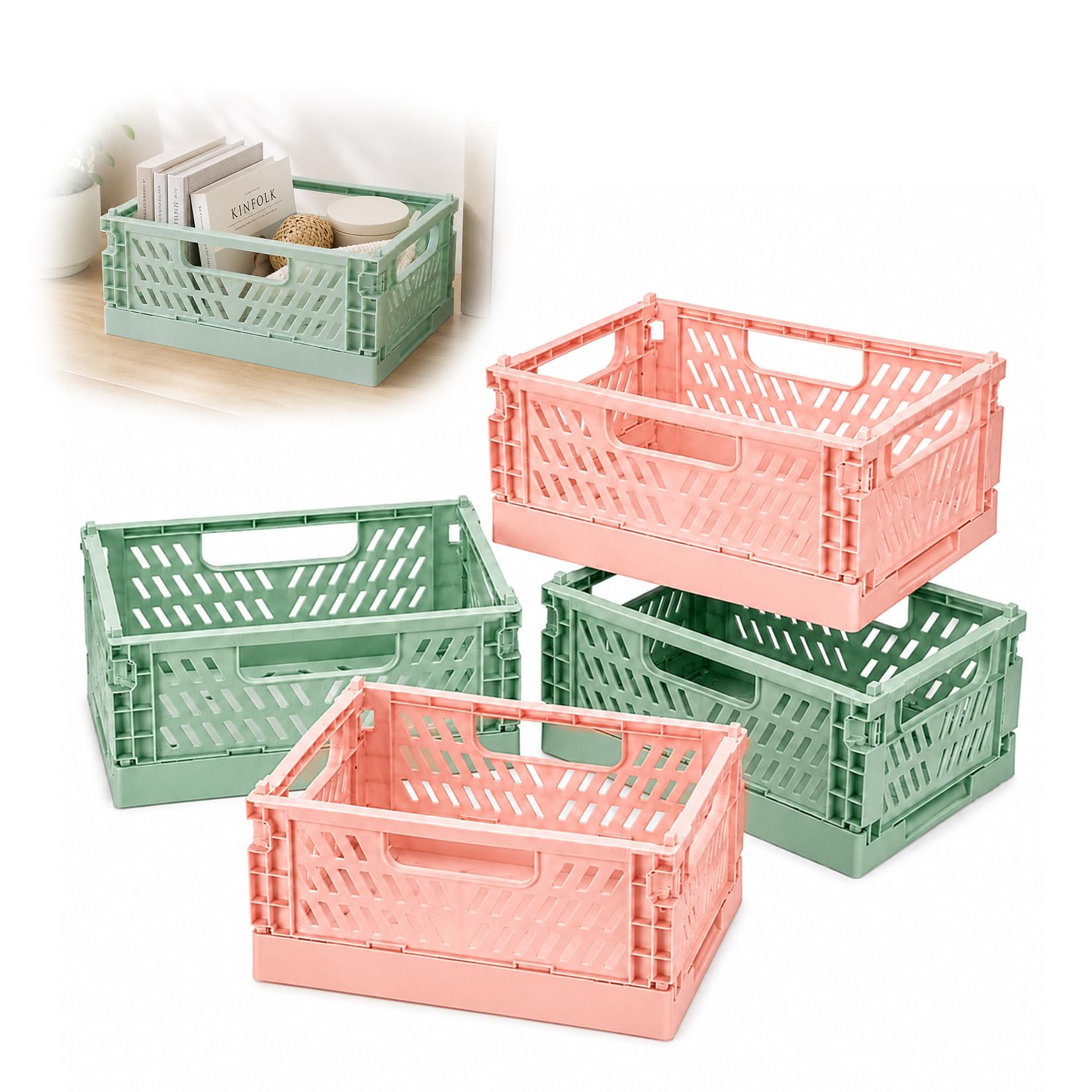 4 Pcs Collapsible Storage Boxes, Stackable Storage Baskets, Folding Crates, Foldable Basket, Plastic Foldable Crates for Office Kitchen Bathroom Cupboard Storage Organiser (Pink and Green)