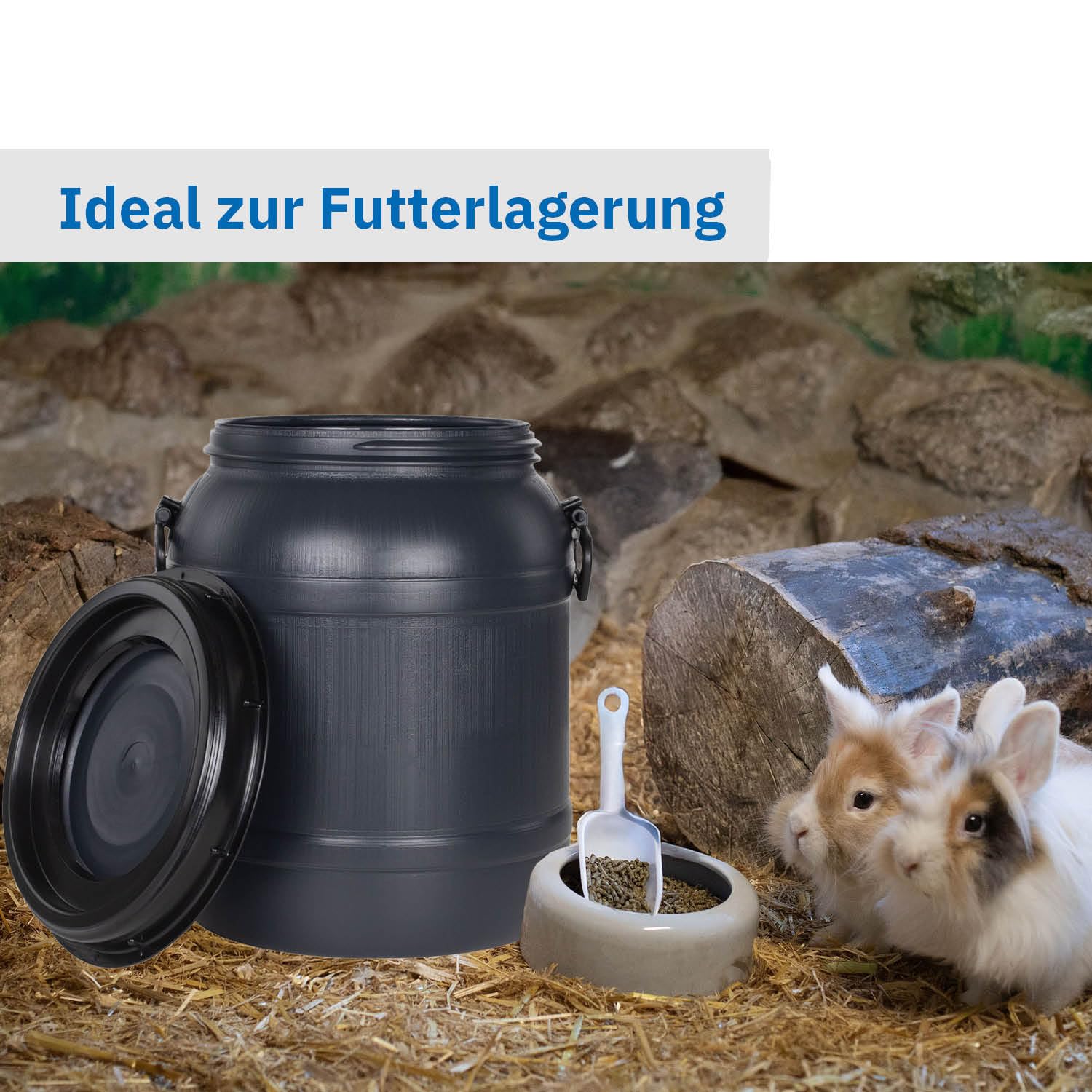 DIE BOX FABRIK Futtertonne schwarz 31 Liter mit Schaufel | Lebensmittelechtes Weithalsfass mit Schraubdeckel | Luftdicht & wasserdicht | Maischefass (31 Liter)