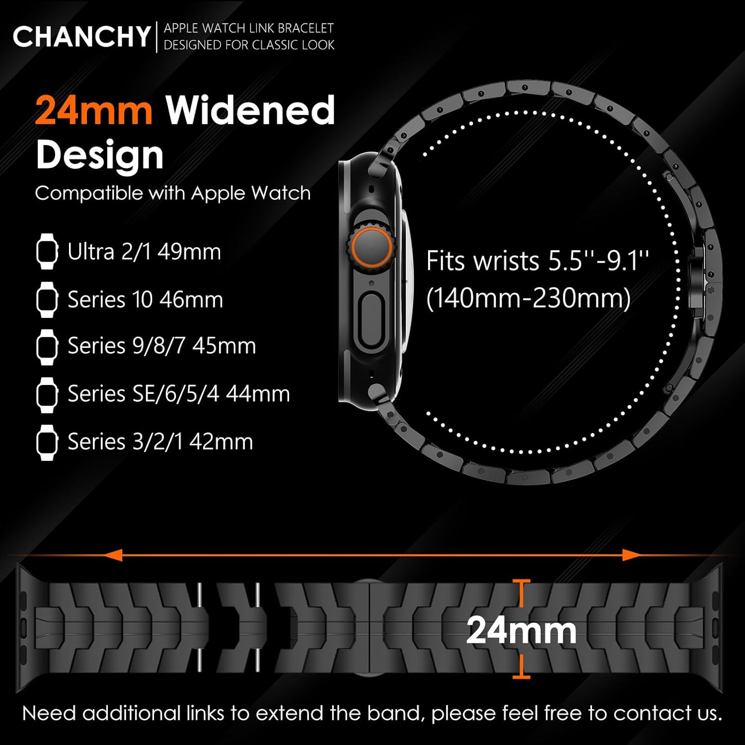 CHANCHY Stainless Steel Band for Apple Watch Band Apple Watch Ultra 3/2/1 Band 49mm, Series 11/10 46mm, 9/8/7 45mm, SE3/SE2/SE 6/5/4 44mm, 3/2/1 42mm, Metal Strap with Folding Clasp for Men, Titanium - Image 2