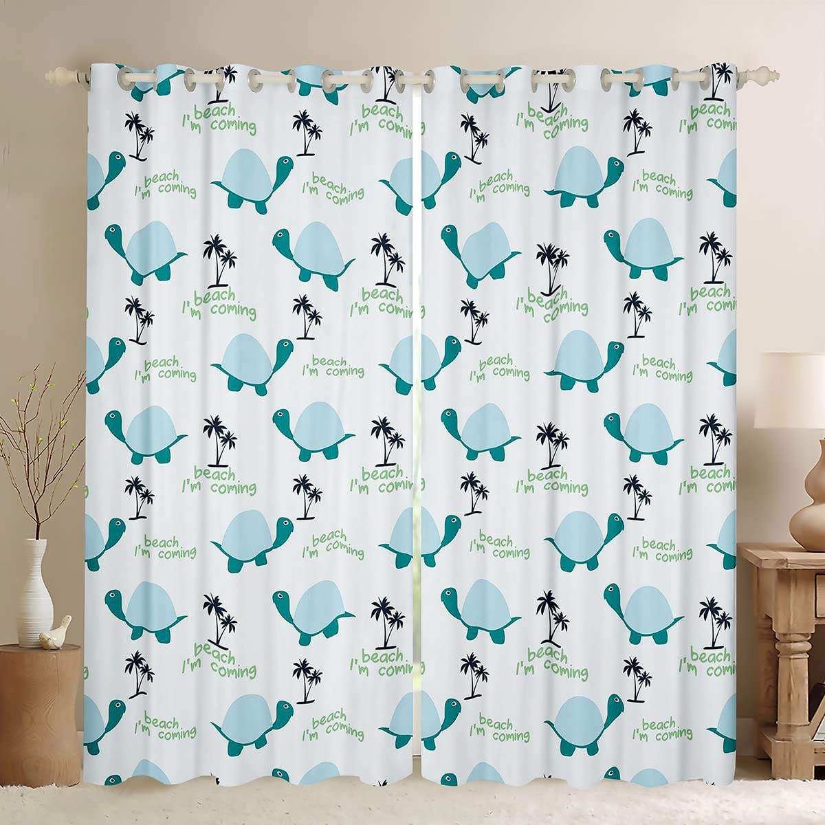 Loussiesd Turtle Blackout CurtainKids Teal Ocean Beach Curtain Boys Girls Tropical Palm Tree Sea Turtle Darkening Curtain Cartoon Reptile Window Drapes Bedroom W46*L54