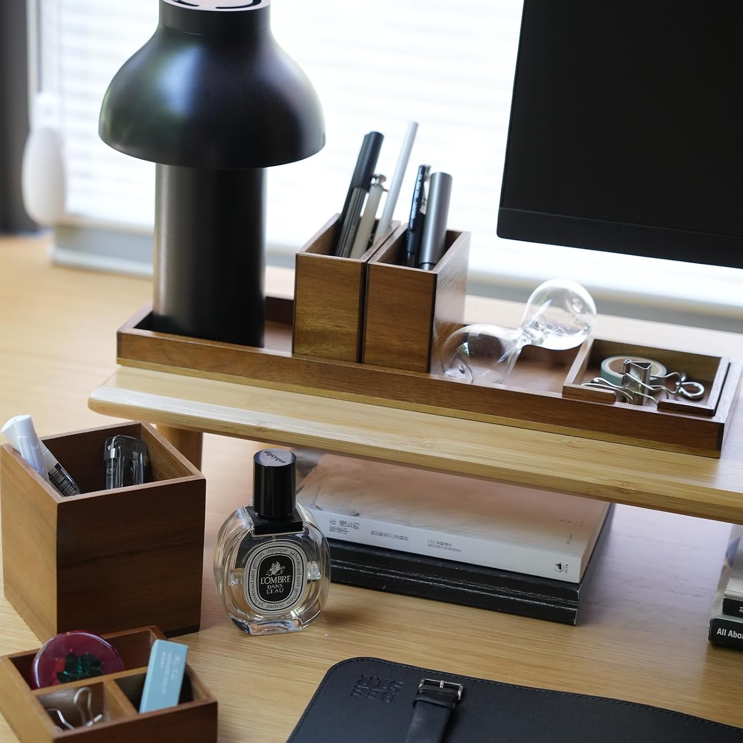 Dual Monitor Stand Riser with Drawer for Desk Laptop Desk Shelf + Wood Vanity Tray, 6-Piece Countertop Organizer Vanity Tray Set