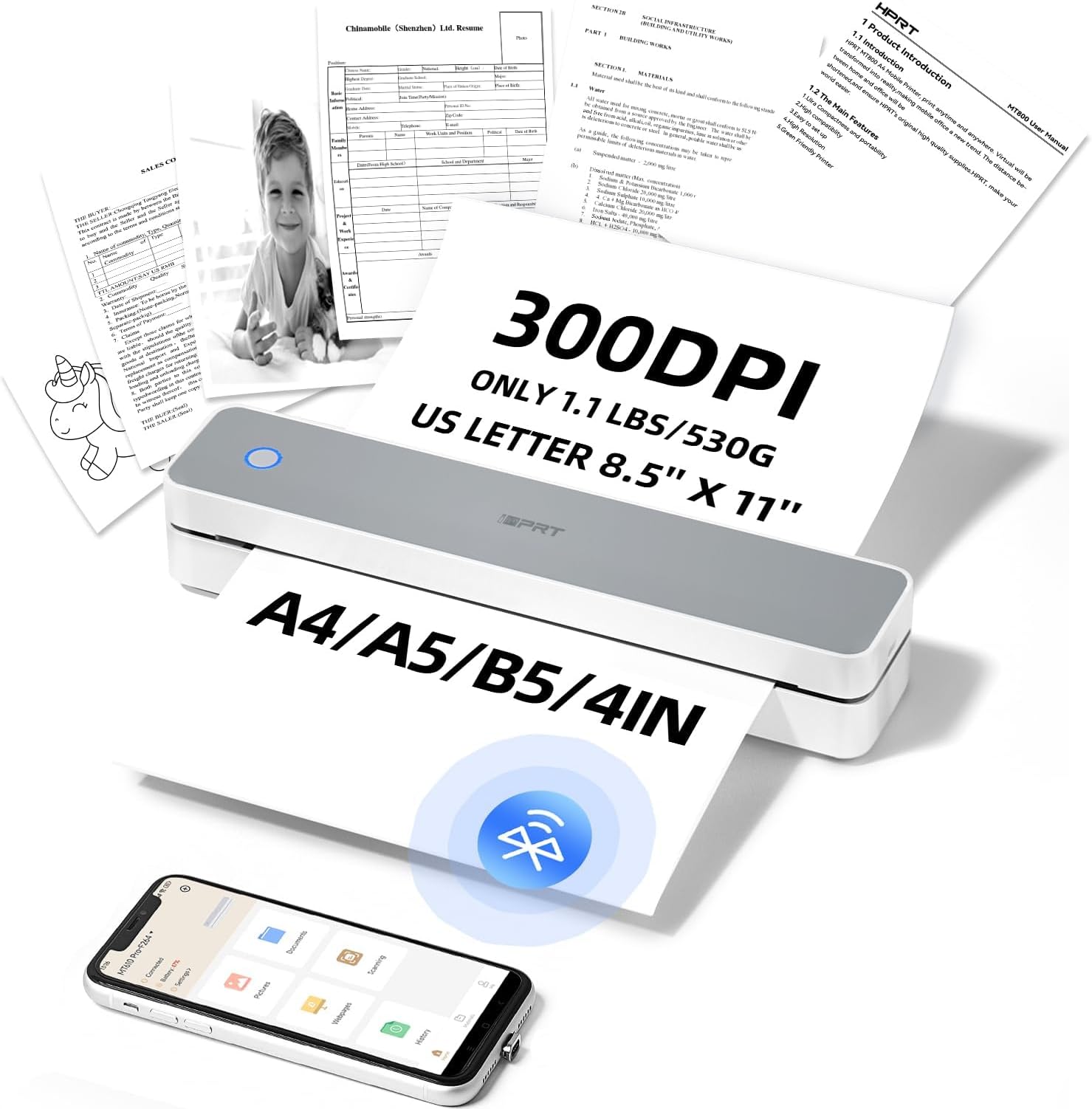 iDPRT Portable-Printer Wireless for Travel,300DPI Inkless Thermal Small Printers for Home Use,Office,Vehicles,Mobile Bluetooth Printer Supports 8.5" x 11" US Letter,for Smartphone & PC,White