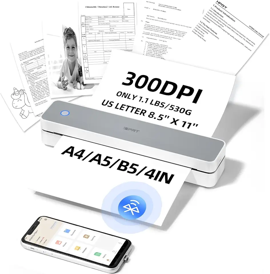 iDPRT Impressora Portátil Sem Fio para Viagens, Impressora Térmica Sem Tinta de 300 Dpi para Uso Doméstico, Escritório, Veículos, Impressora Bluetooth Móvel, Suporta Formato Carta (8,5" X 11")