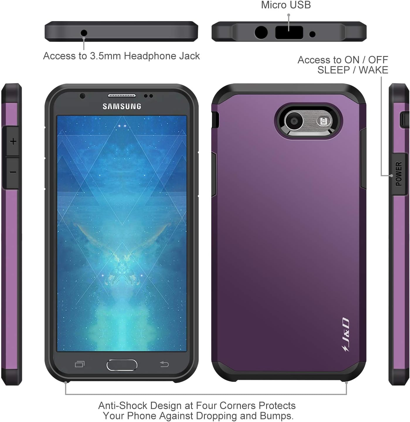 J&D Case Compatible for Samsung Galaxy J3 Emerge/Galaxy J3 2017 / Galaxy J3 Prime Case, Heavy Duty Dual Layer Hybrid Shockproof Protective Rugged Bumper Case for Galaxy J3 Emerge Case, Purple