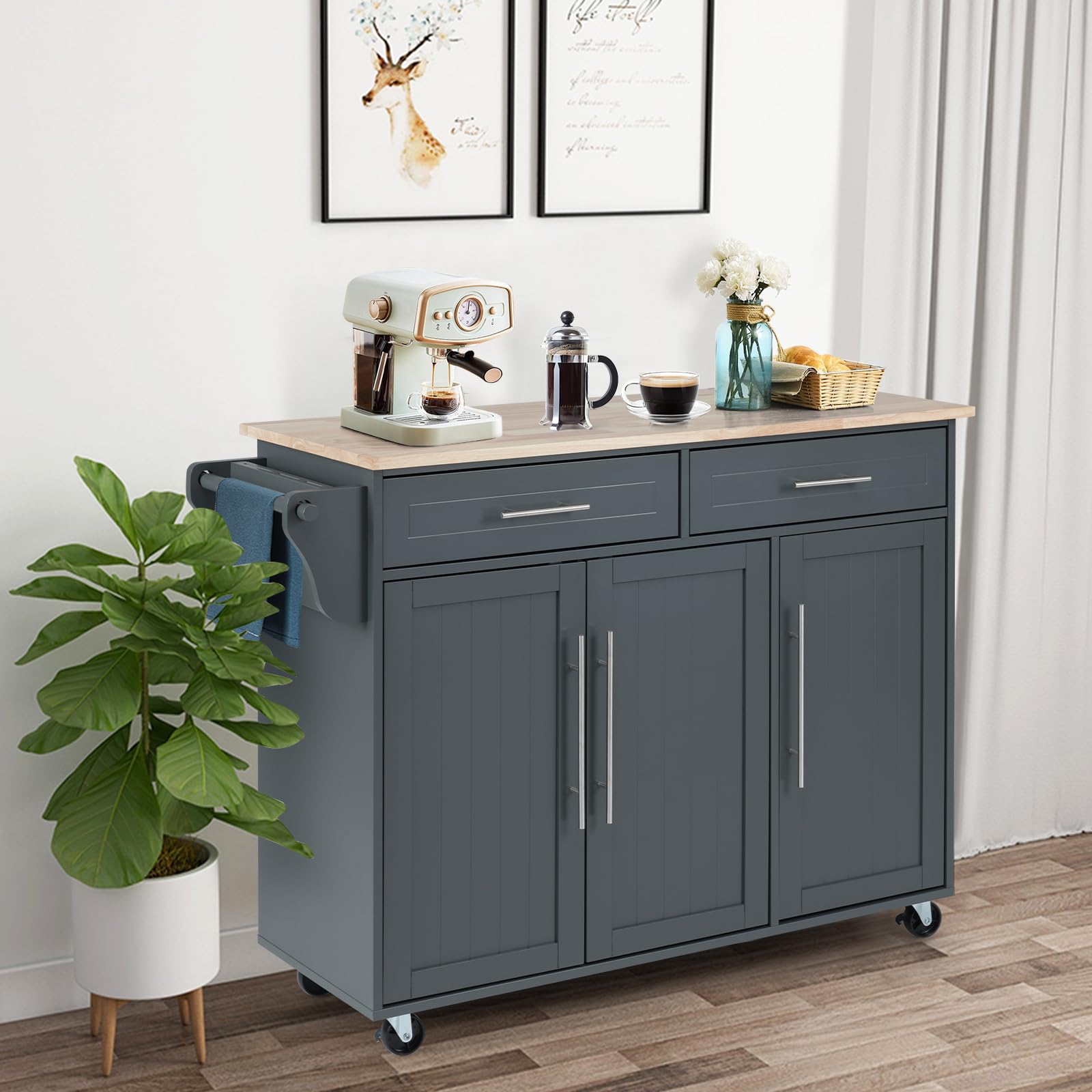 KOMFOTTEU Carrello Portaoggetti con Ruote con 2 Freni, Isola Cucina in Rovere Massiccio, Mobiletto da Pranzo con Portaspezie e Portasciugamani, per Soggiorno, 111,5 x 46 x 93 cm, In 2 Pacchi (Grigio)