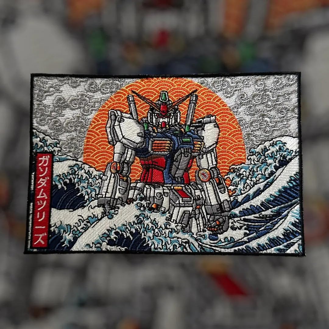 Great Wave #5 Robot Kanagawa Embroidery Morale Patch 4x6 inch Japanese Art Cyberpunk Mecha Dam Bot Part of The Hokusai Patch Series by Patchlab