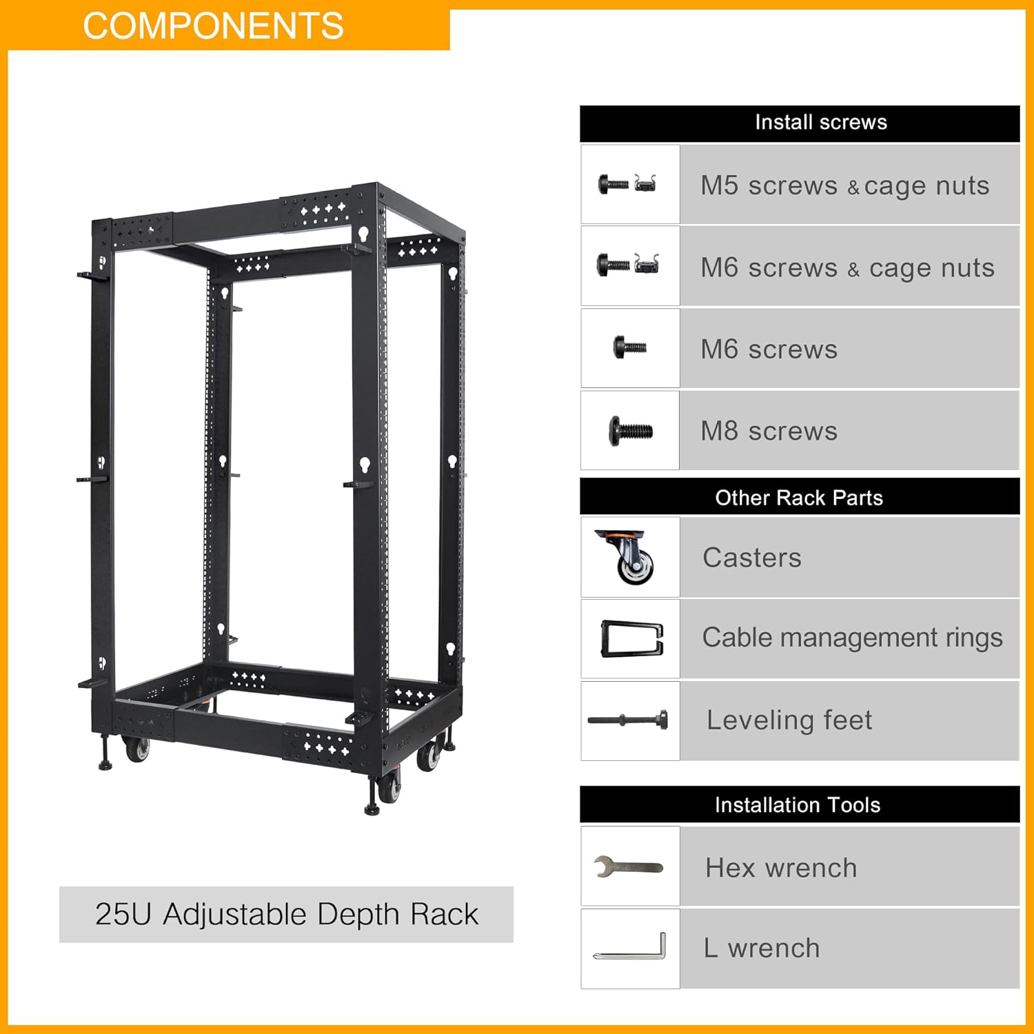 RIVECO 25U Server Rack Adjustable Depth Network 4 Post Cabinet Open Frame with Leveling Feet & Wheels Fully Rivets 1400 LBS