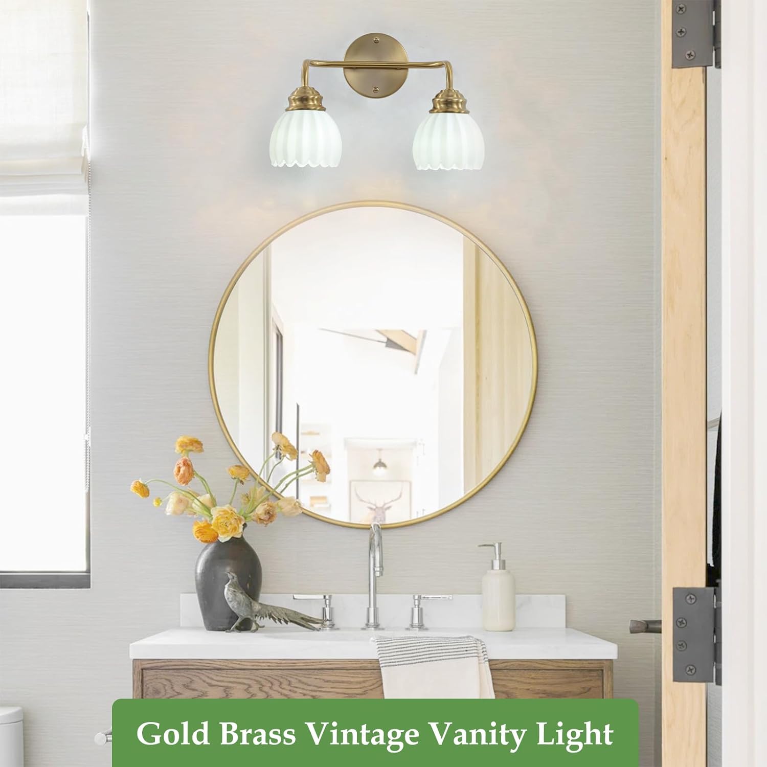 2 Light Vintage Bathroom Light Fixtures, Gold Bathroom Vanity Light, Brass Finish with White Tulip Glass Shade, Wall Lighting for Bedroom, Living Room, Hallway,E26 Base