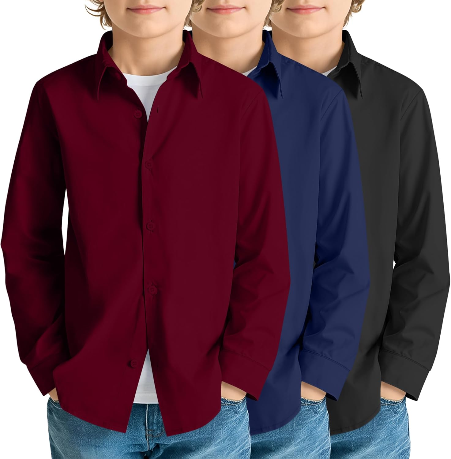 3 Pack Boy's Long Sleeve Dress Shirts Kids Casual Button Down Shirt Boys Solid Button Up School Uniform Tops