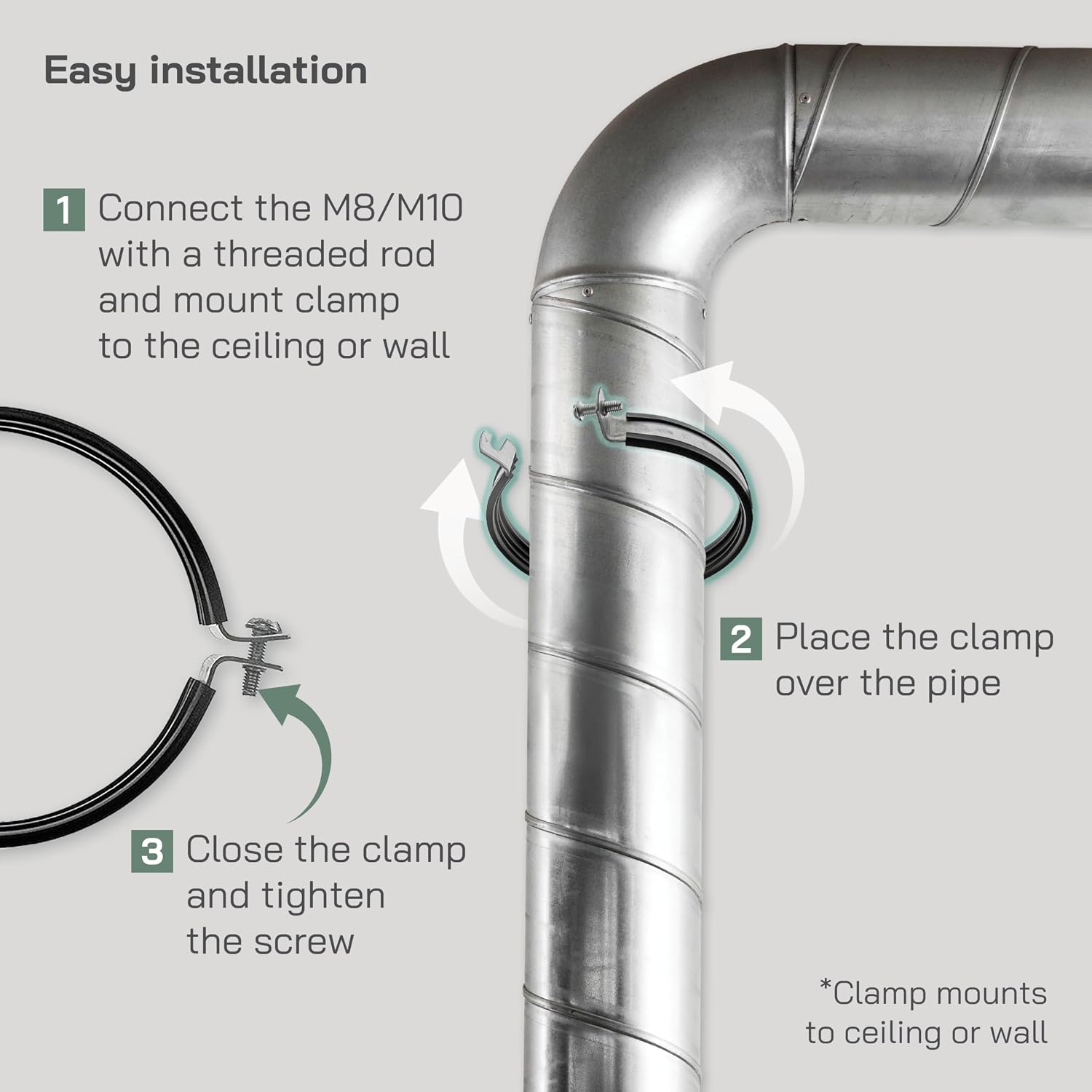 Vent Systems 4" Inch Pack of 10 - Pipe Clamp with Rubber Gasket - Galvanized Steel Clamp - Pipe Hanger for ventilation Duct Connection to the Wall or Ceiling - Mounting Bracket Clamp for 4" Ducting