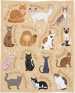 Cats Blanket Gift for Cat Lovers-40x50 Inches Soft Flannel Blankets Cute Cats Pattern Cozy Throws, Kitten Breeds of Cats Blanket for Kids Women Girls Boys Couch Bedroom Camping Travel