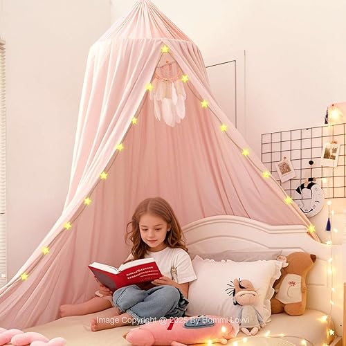Light Pink Bed Canopy for Girls with Light, Princess Canopy Curtains for Twin Full Queen Size Kids Bed, Canopy for Girls Bed Room Decor, Hanging Castle Ceiling Tent