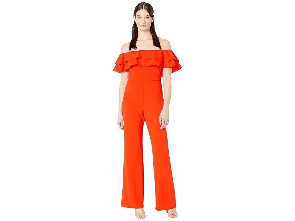 

MARINA Crepe Jumpsuit with Off Shoulder Ruffle Top (Tomato) Women's Jumpsuit & Rompers One Piece