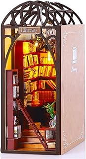 DIY Book Nook Kit with LED Lights, 3D Wooden Puzzle Bookshelf Insert & Dollhouse Decor, Creative Model Building Kit with Furniture for Home Desk, Library, or as Bookends