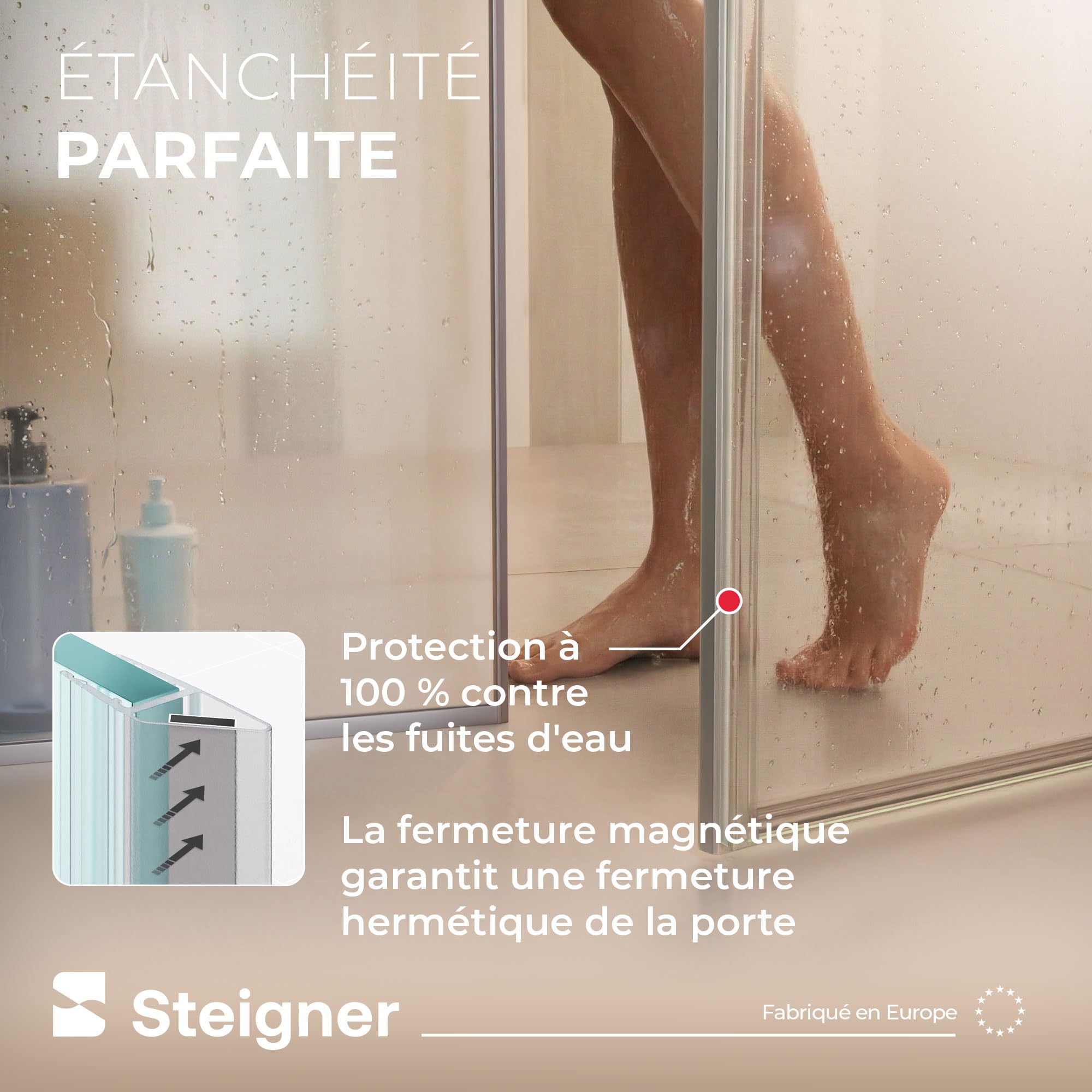 STEIGNER Joint magnetique douche UKM04 185 cm (1 pc.) - Joint porte de douche d’angle, pentagonale, arrondie, en niche ou quart de cercle avec porte 6-8 mm - Étanchéité, Protection contre les fuites