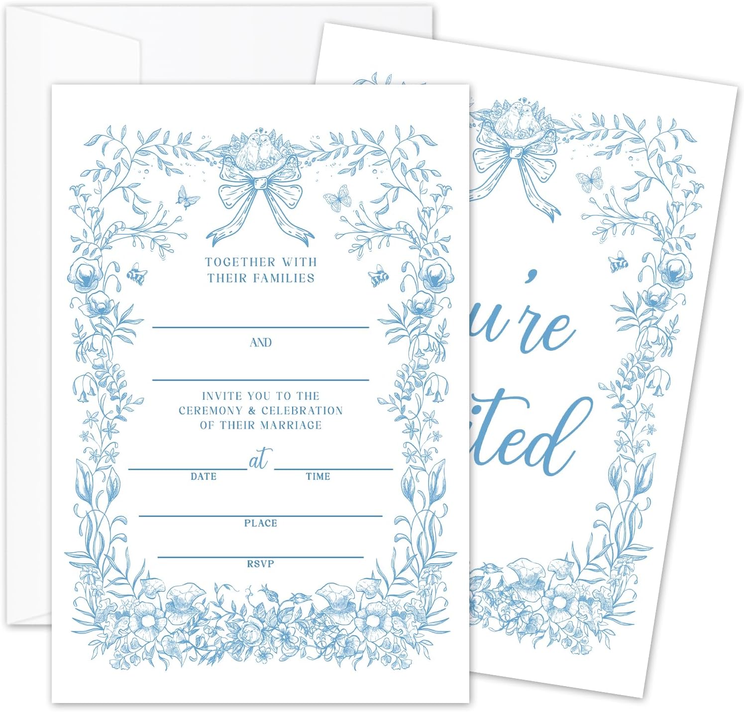 TRKAE Blue Floral Wedding Invitations - 25 Pack with Envelopes for Bridal Shower, Engagement, Mr & Mrs Parties