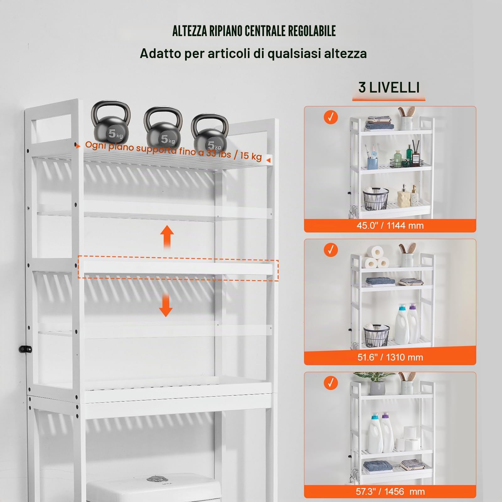 VEVOR Scaffale per WC, Mobile Portaoggetti Regolabile a 3 Ripiani sopra il WC, Mensola per Bagno con 3 Ganci, Organizzatore per Lavanderia, Si Adatta alla Maggior Parte dei WC, Bianco