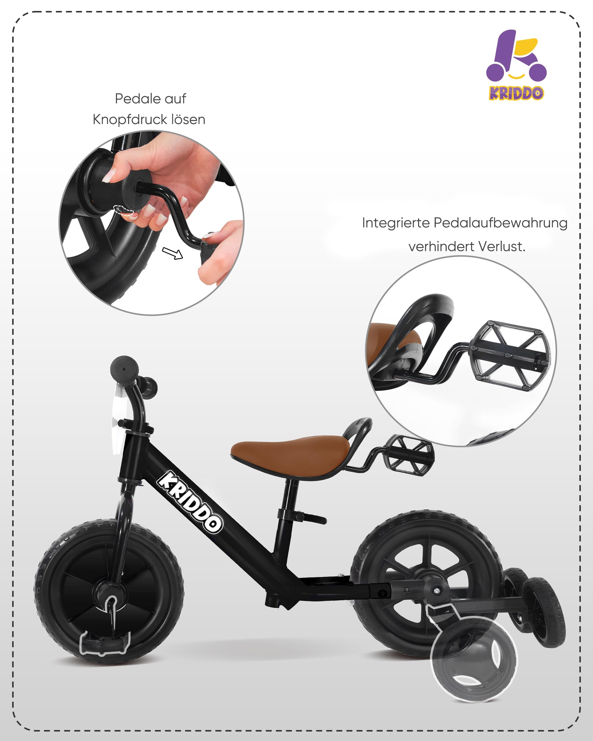 KRIDDO 2-in-1 Dreirad und Kinder Laufrad für Kleinkinder ab 2 Jahren, abnehmbare Pedale und klappbare Stützräder, DIY-Schild, Fahrspaß für Kinder von 18 Monaten bis 3 Jahren