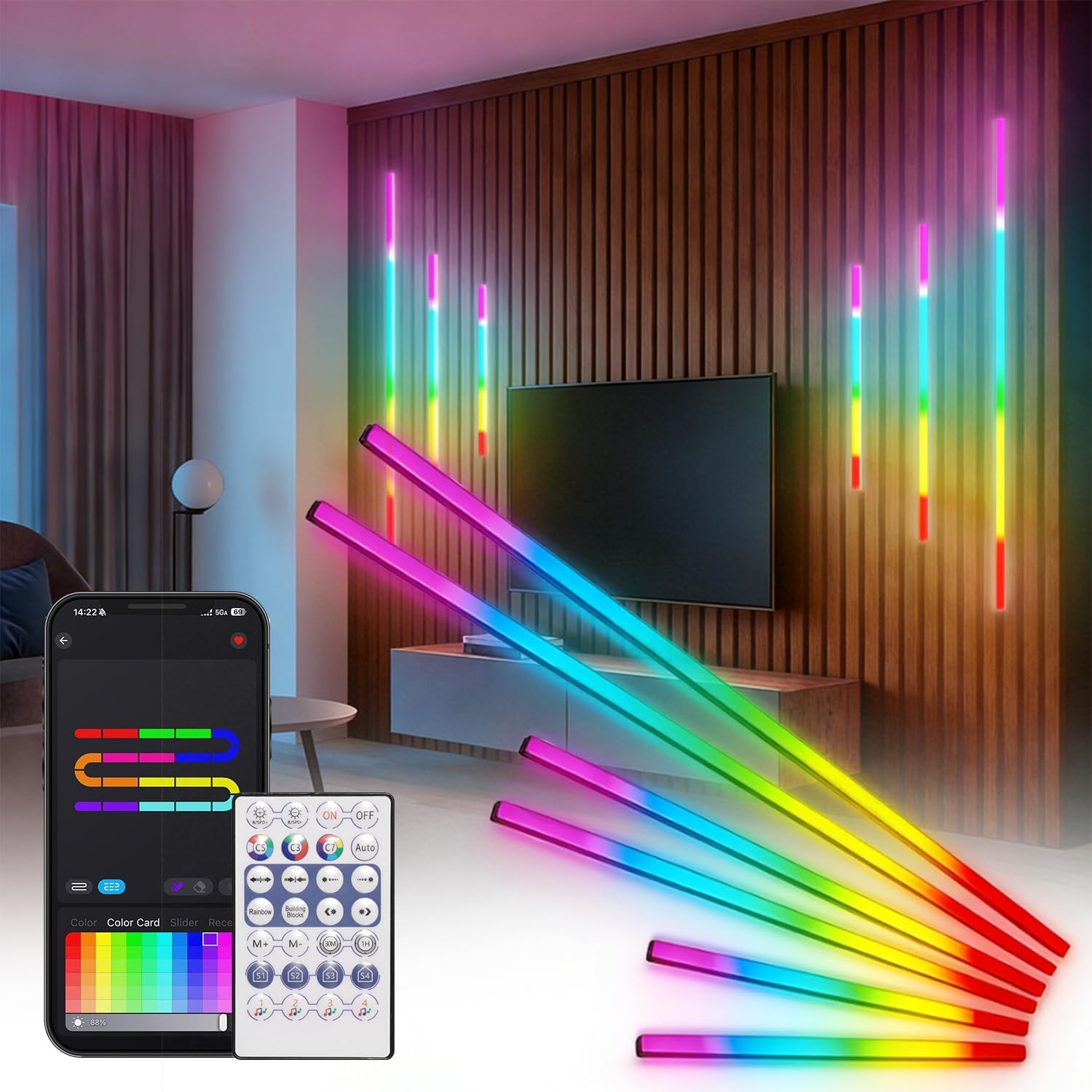 6 Pcs RGB+IC Recessed Lighting for Acoustic Wall Panels, Alexa Compatible RGB Wall Lights for Acoustic Wood Slat Panel, Smart WiFi Self-Adhesive LED Recessed Lights for Slat Decor (2*15+2*25+2*35in)