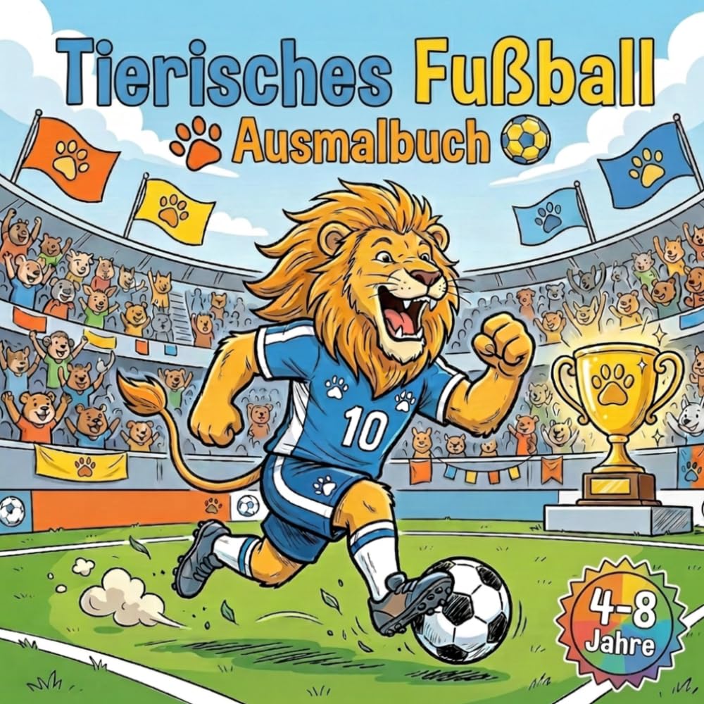 Tierisches Fußball Ausmalbuch: 50 lustige Bilder von Tieren als Fußballspieler und Fans für Kinder von 4 bis 8 Jahren