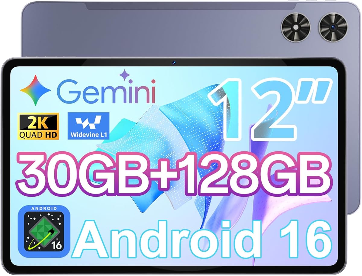 Android Tablet 12 Inch with 𝟑𝟎𝐆𝐁 𝐑𝐀𝐌 𝟏𝟐𝟖𝐆𝐁 𝐑𝐎𝐌, Octa-Core Processor, 2000 * 1200 FHD IPS Touch Screen, 5MP+13MP Dual Camera, 8800mAh Battery, 2K Android 16 Tablet, 2.4G/5G WiFi, BT 5.0