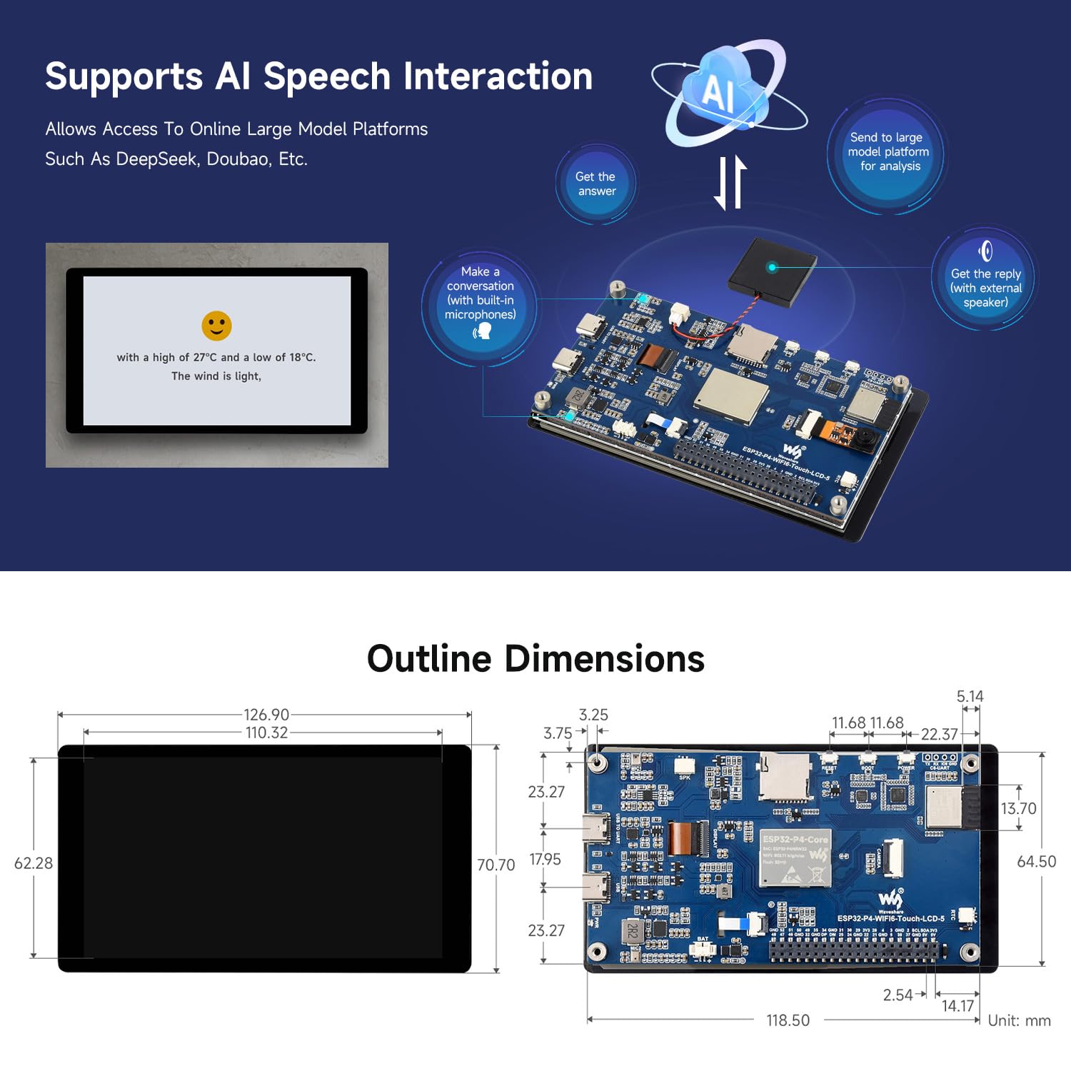 Waveshare ESP32-P4-WIFI6 5inch Development Board with OV5647 Camera, 720 x 1280 Resolution, 5-Point Touch, Onboard Audio Codec Chip, Supports Wi-Fi 6 And BLE 5