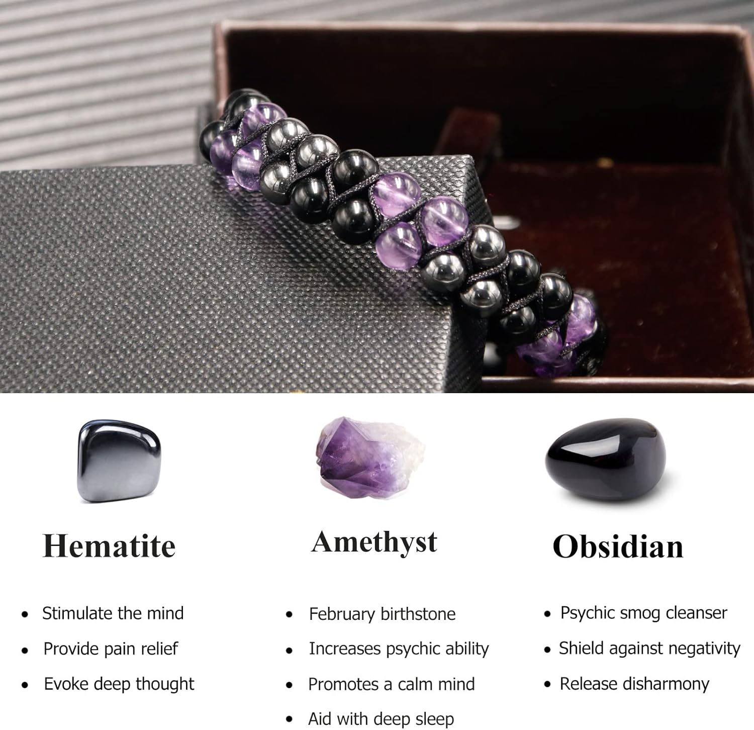 Triple Protection Bracelet for Women, Genuine Healing Crystal Bracelet Amethyst Black Obsidian Hematite 6mm, Pyramid Energy Crystal Beads Bracelet Christmas Gifts for Mom Wife for Protection Balance - Image 5